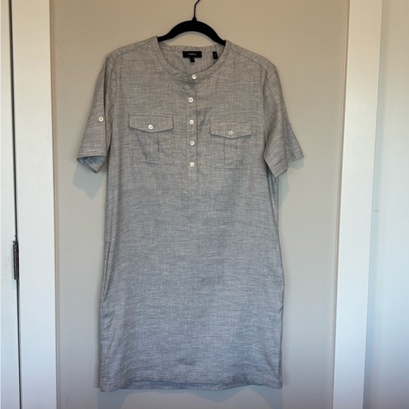 Theory Gray Casual Stretchy Linen Blend Button Down Dress 6 - Picture 1 of 7